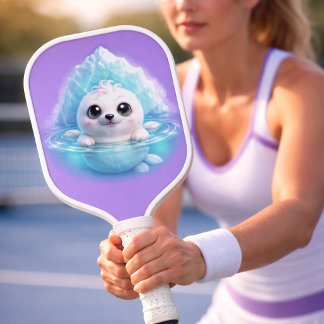 Raquette De Pickleball Bébé Phoque Blanc Mignon - Dessin Iceberg Lavande