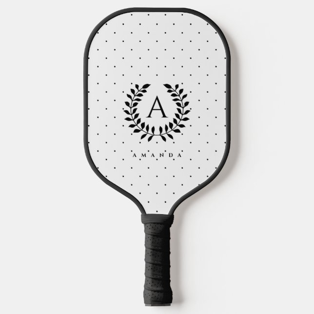 Raquette De Pickleball Black And White Laurel Monogram Polka Dot Pattern (Recto)