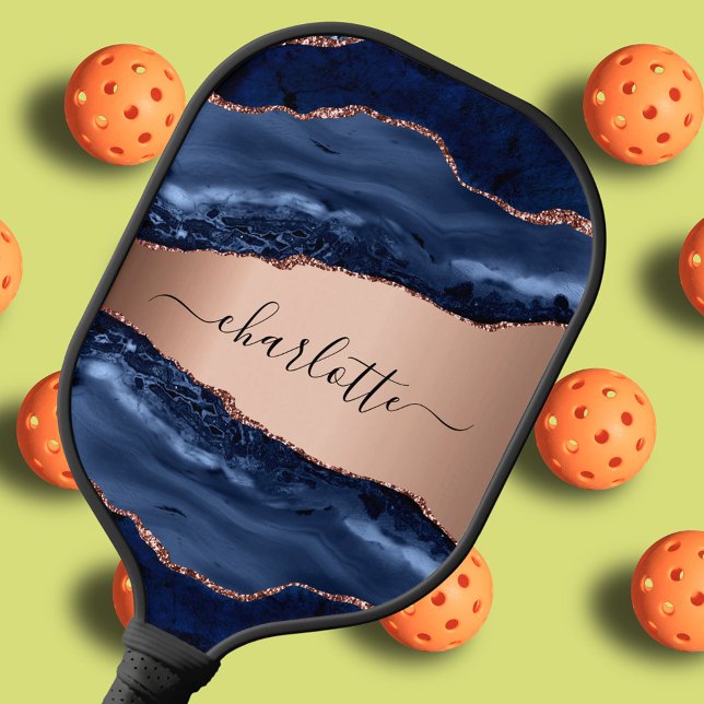 Raquette De Pickleball Bleu agate marbre rose or nom script (Créateur téléchargé)