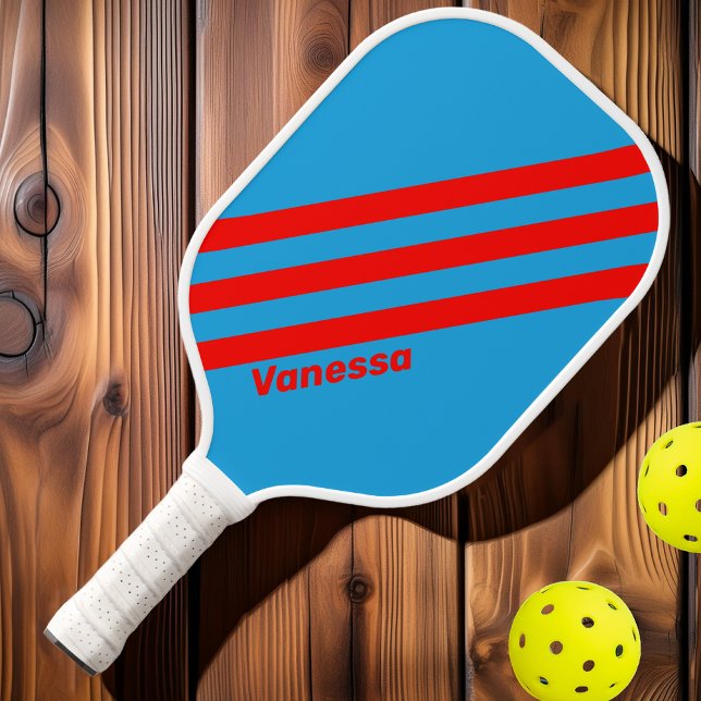 Raquette De Pickleball Bleu électrique rétro Trois bandes avec nom (Créateur téléchargé)