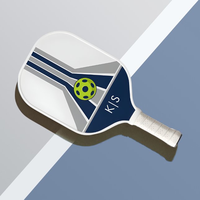 Raquette De Pickleball Bleu et Gris| Monogramme Moderne  (Créateur téléchargé)