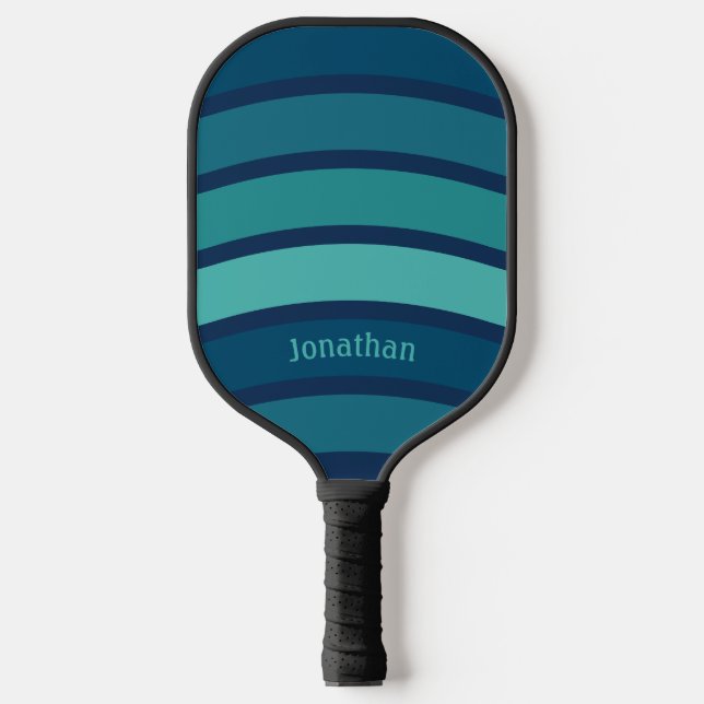 Raquette De Pickleball Bleu et Turquoise des ondes rétro et nom (Recto)