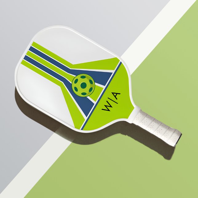 Raquette De Pickleball Bleu et Vert | Monogramme Moderne  (Créateur téléchargé)