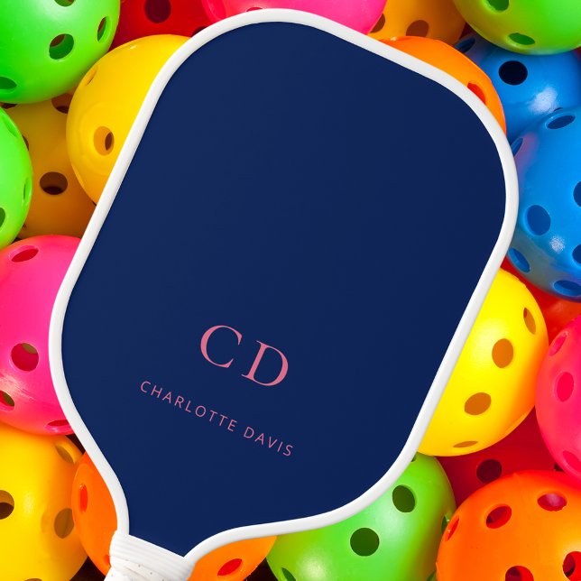 Raquette De Pickleball Bleu marine rose monogramme initiales nom (Créateur téléchargé)