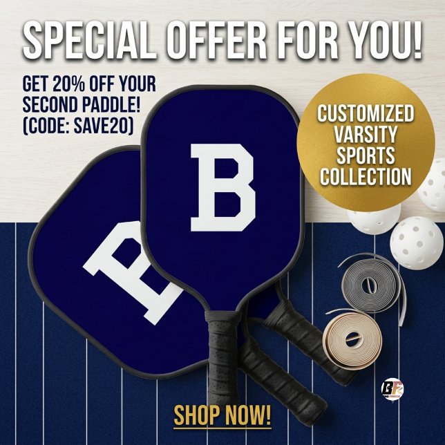 Raquette De Pickleball Bleu Nuit Classique Monogramme Initiale Universita (#sports&activities)