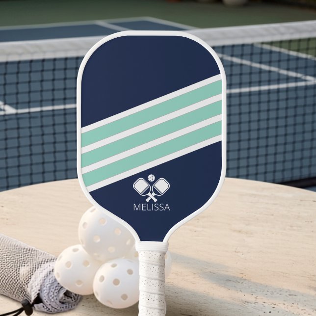 Raquette De Pickleball Bleu Nuit Moderne Menthe Rayures Blanches Monogram (Créateur téléchargé)