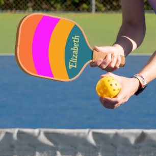 Raquette De Pickleball Bleu orange rétro et Magenta avec le nom