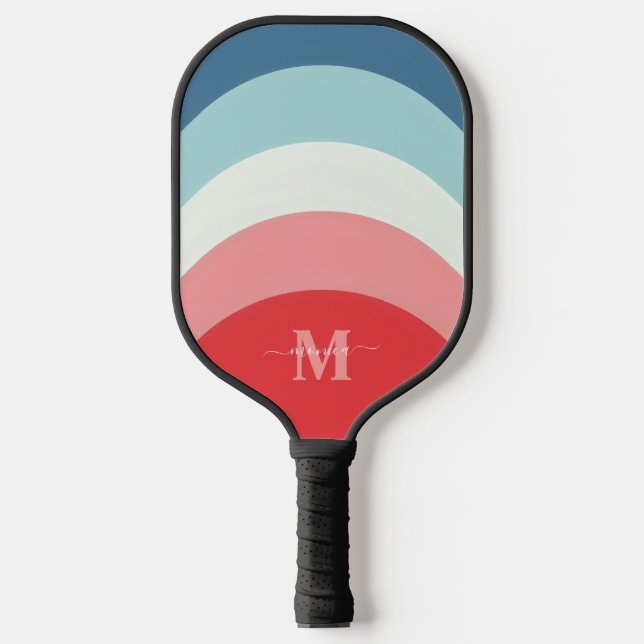 Raquette De Pickleball Bleu rose arc-en-ciel rayures de courbe Monogramme (Recto)