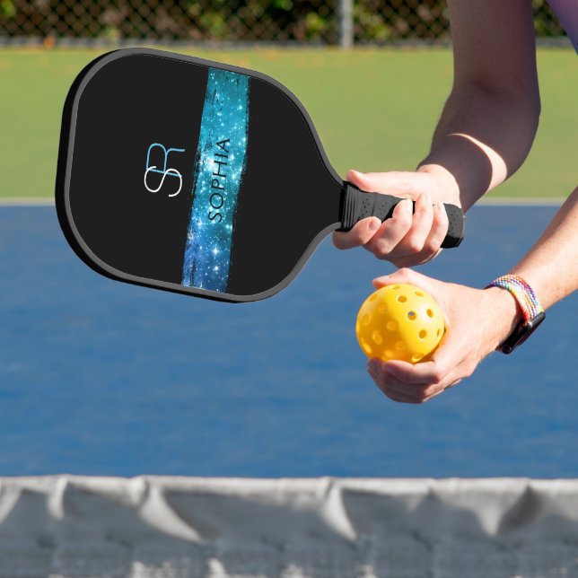Raquette De Pickleball Bleu Stardust Brush Strot, Monogramme & Nom (Insitu)