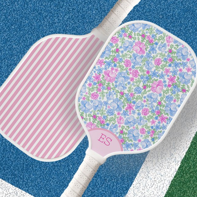 Raquette de pickleball bleue florale et rose rayée (Créateur téléchargé)