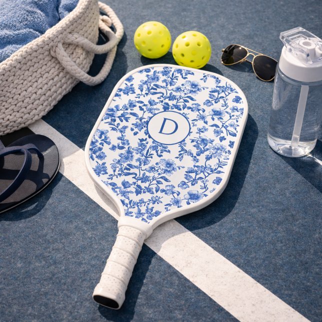 Raquette De Pickleball Blue Country Floral Monogram  (Créateur téléchargé)