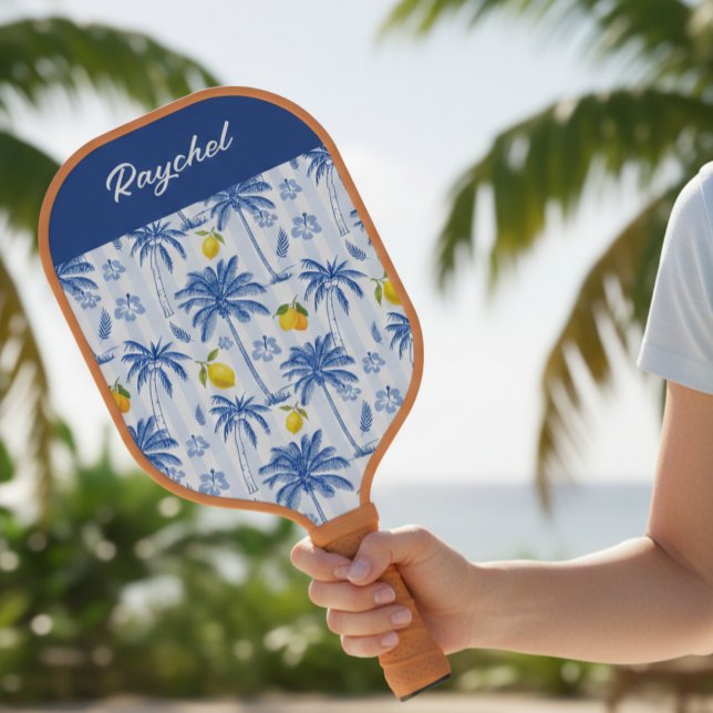 Raquette De Pickleball Blue Toile Palm Trees Lemons Monogram Name (Créateur téléchargé)