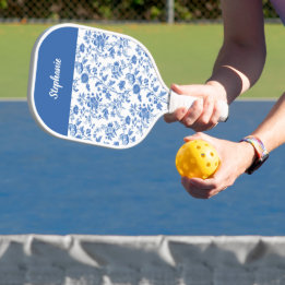 Raquette De Pickleball Blue White Vintage Floral Toile Personalized Name 