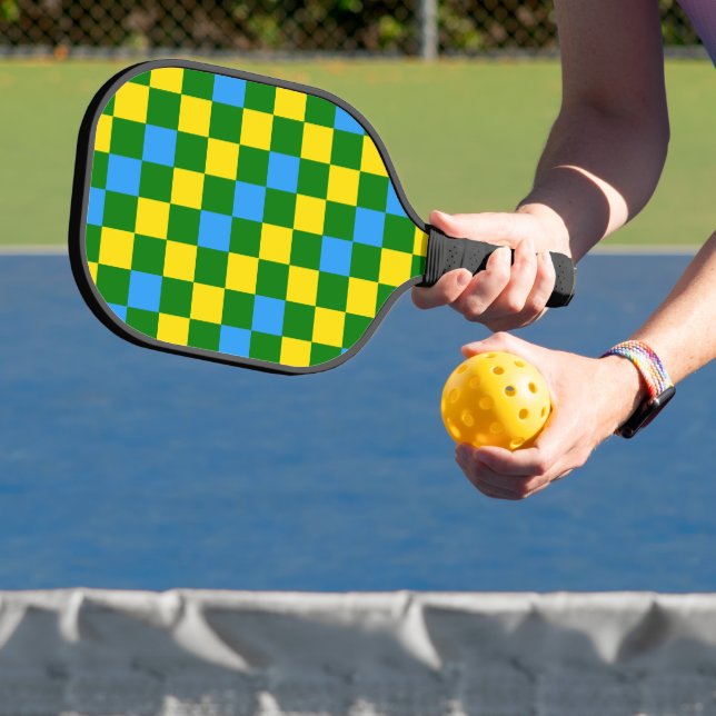 Raquette De Pickleball Blue Yellow Green Checkered Pattern Design  (Insitu)