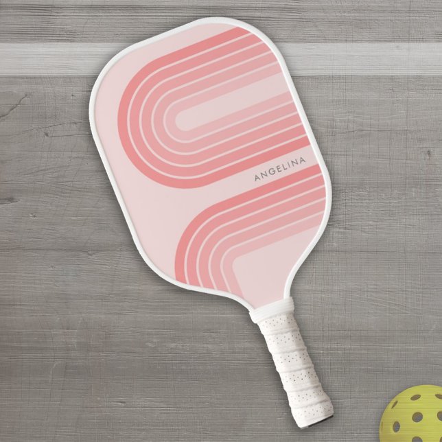 Raquette De Pickleball Blush Pink Mod Retro Stried Motif Nom personnalisé (Créateur téléchargé)