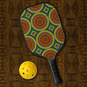 Raquette De Pickleball Boho Hippie Rouge Jaune Bleu Vintage Tribal Ethnie