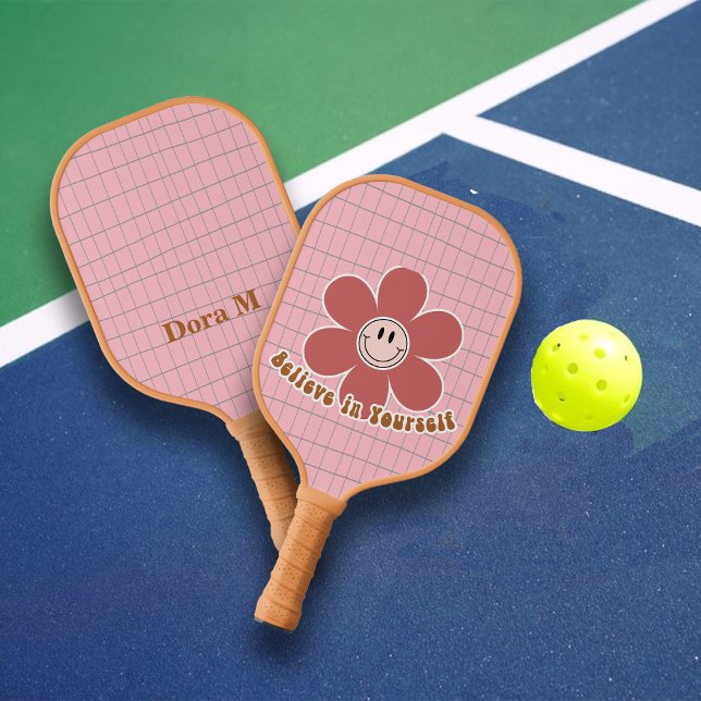 Raquette De Pickleball Boho Smiley Good Vibes Caramel Rose Nom personnali (Créateur téléchargé)
