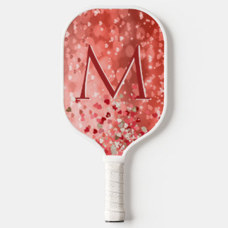 Raquette De Pickleball Bokeh Red Parties scintillant Heart Monogram Pickl