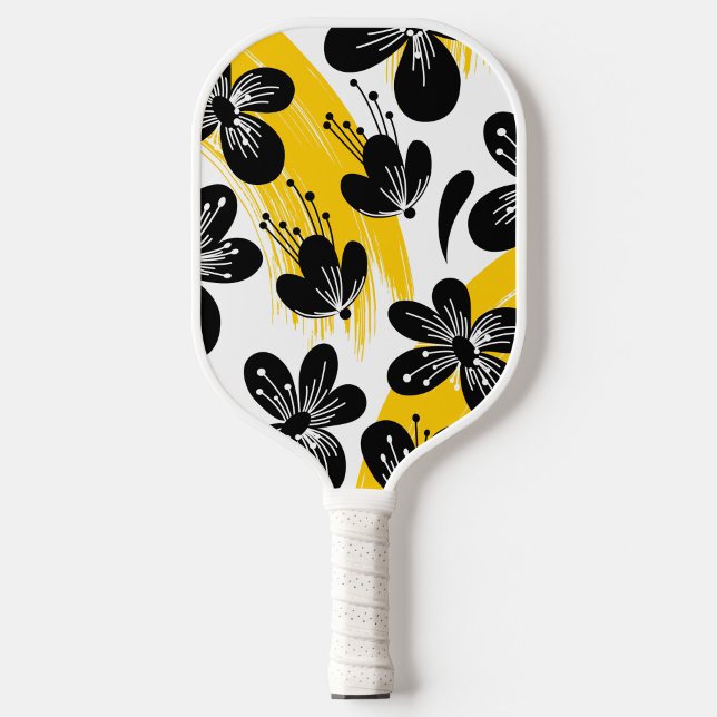 Raquette De Pickleball Bold Black Floral with Yellow Brushstroke accents ("Floral power, game on")
