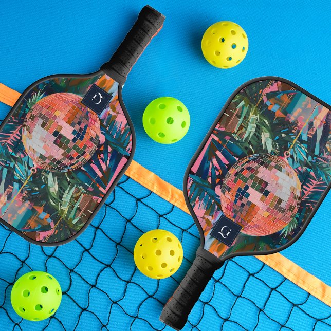 Raquette De Pickleball Boule Neon Jungle Disco | Monogramme rétro funky (Créateur téléchargé)