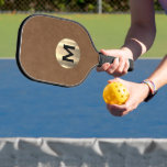 Raquette De Pickleball Brushed Gold Classic Monogram Brown Leather<br><div class="desc">Masculine modern design features a brown distressed leather background with easy to use template for a single letter in a brushed metallic gold emblem with name below in stylish classic professional lettering. The design repeats on the reverse side. Perfect pickleball gift for him.</div>