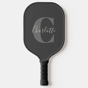 Raquette De Pickleball Calligraphie Monogrammée Moderne Élégante Noir Gri