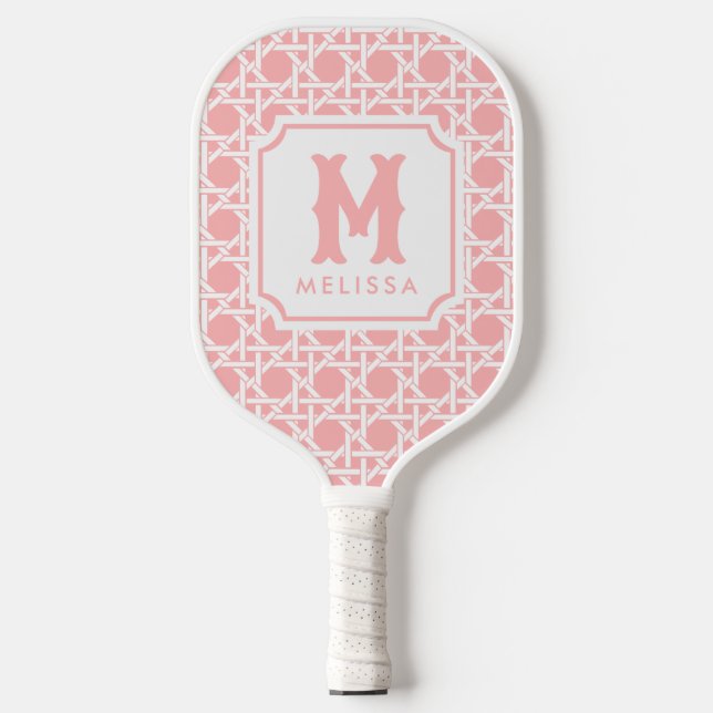 Raquette De Pickleball Canne rose et blanche | Rattan | Monogramme (Recto)