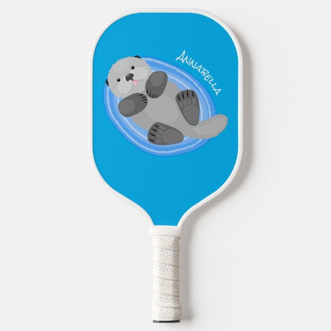 Raquette De Pickleball Caricature bleu loutre de mer joyeux (Recto)