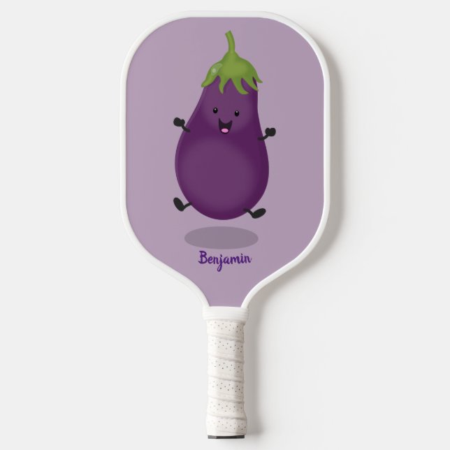 Raquette De Pickleball Caricature d'aubergine d'aubergine joliment heureu (Recto)