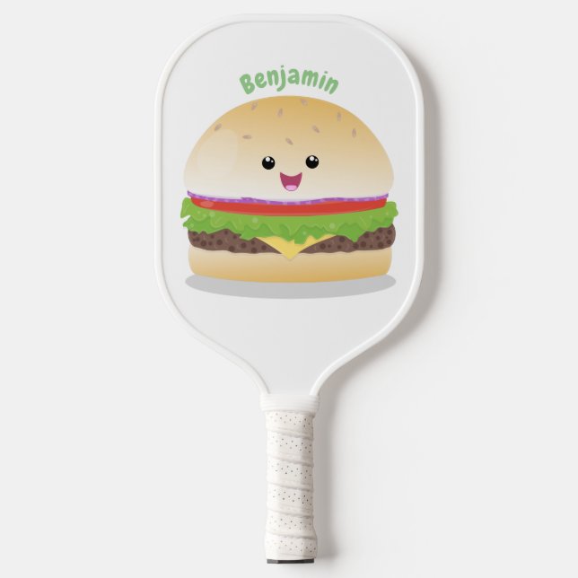 Raquette De Pickleball Caricature de hamburger kawaii joyeux (Recto)