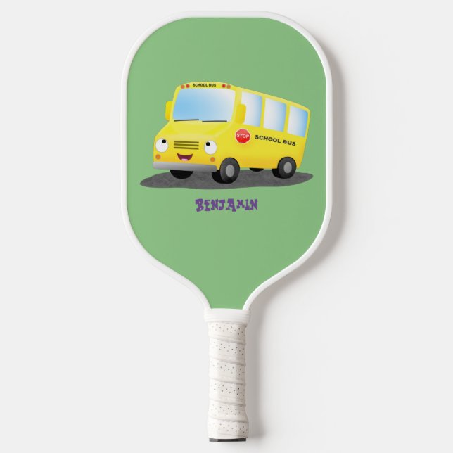 Raquette De Pickleball Caricature du bus scolaire jaune joyeux (Recto)