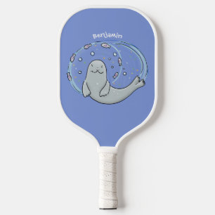 Raquette De Pickleball Caricature joyeux de phoque et de poisson bleu
