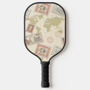 Raquette De Pickleball Carte du monde de timbres-poste vintage Voyage (1)
