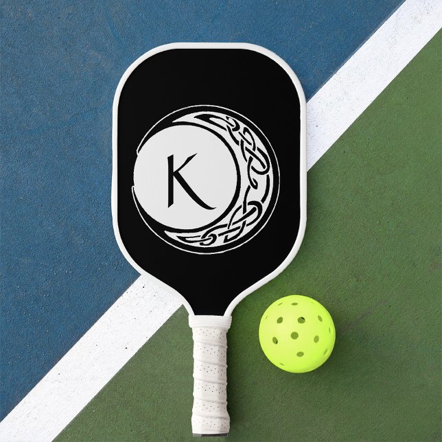 Raquette De Pickleball Celtic Knotwork Cercle de Lune Monogramme Noir Bla (Créateur téléchargé)
