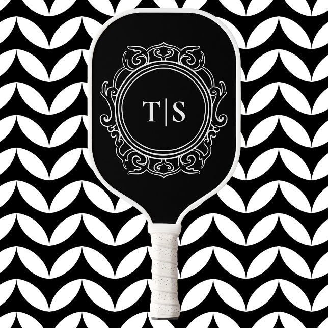 Raquette De Pickleball Cercle Orné Classique Blanc Monogramme Initial (Classic Ornate Circle White Monogram Initial Pickleball Paddle)