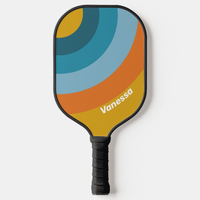Raquette De Pickleball Cercle rétro jaune à rayures avec nom (Recto)