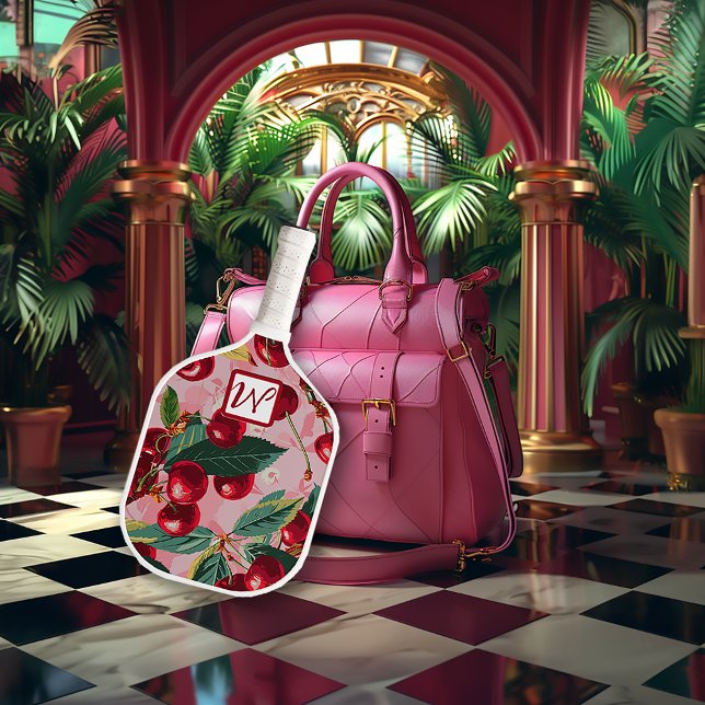 Raquette De Pickleball Cerisier Ristorti rose Monogramme (Stylish Monogram Retro Pink Cherry Pickleball Paddle)