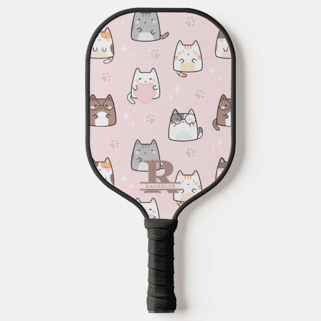 Raquette De Pickleball Chat Kawaii en Arrière - plan rose (Recto)