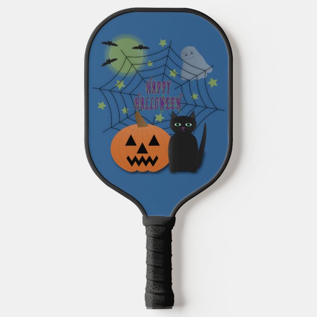 Raquette De Pickleball Chat noir et Citrouille pas effrayant Halloween (Recto)