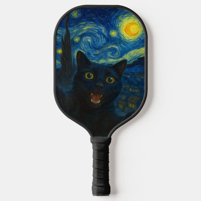 Raquette De Pickleball Chat noir Starry Nuit Van Gogh Chat Selfie (Recto)