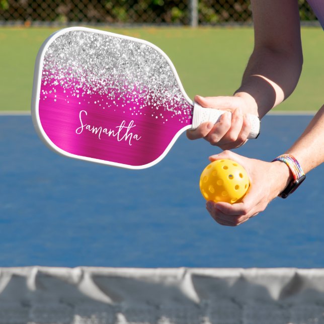 Raquette De Pickleball Chaud rose et brillant Silver Glam Nom du script (Insitu)