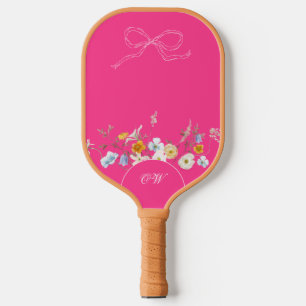 Raquette De Pickleball Chaud rose Fleur sauvage Bow Floral Initiales Mono