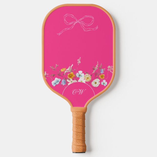 Raquette De Pickleball Chaud rose Fleur sauvage Bow Floral Initiales Mono (Recto)