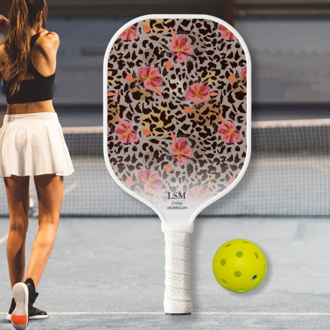 Raquette De Pickleball Cheetah Exotique Hibiscus Motif Floral Texte Perso (Créateur téléchargé)
