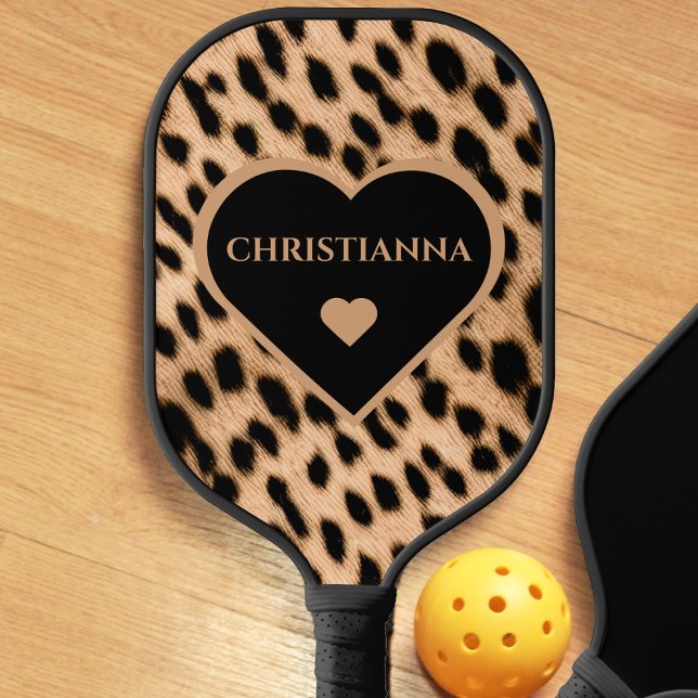 Raquette De Pickleball Cheetah Imprimer Motif Tan Brown & Coeur noir (cheetah print heart pickleball paddle)