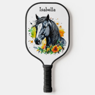 Raquette De Pickleball Cheval noir entouré de fleurs Personnalisé