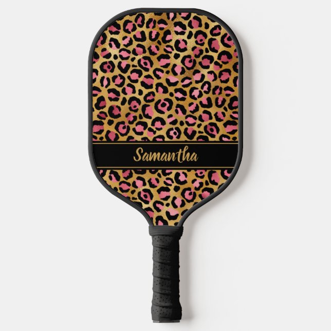 Raquette De Pickleball Chic Imprimé Léopard Noir Rose Or Personnalisé (Recto)