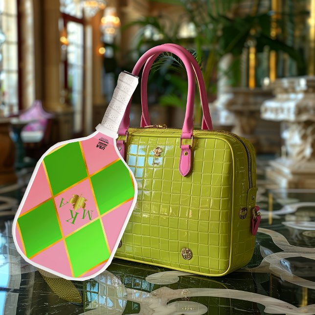 Raquette De Pickleball Chic Jacquard rose et vert monogramme (Chic Pink and Green Monogrammed Pickleball Paddle )