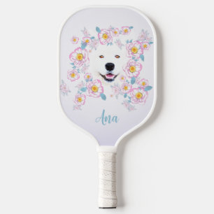 Raquette De Pickleball Chien Samoyed et fleurs roses, nom customisé