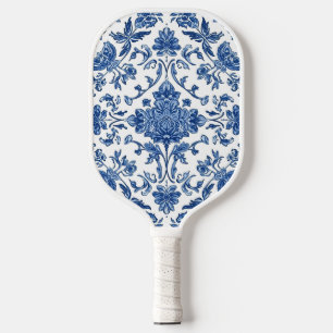 Raquette De Pickleball Chinoiserie florale bleue aquarelle blanche
